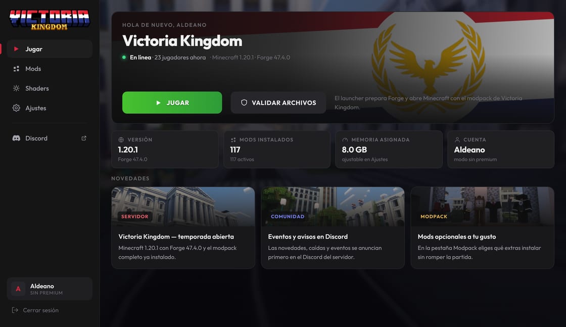 La pantalla Jugar del launcher, con el botón verde